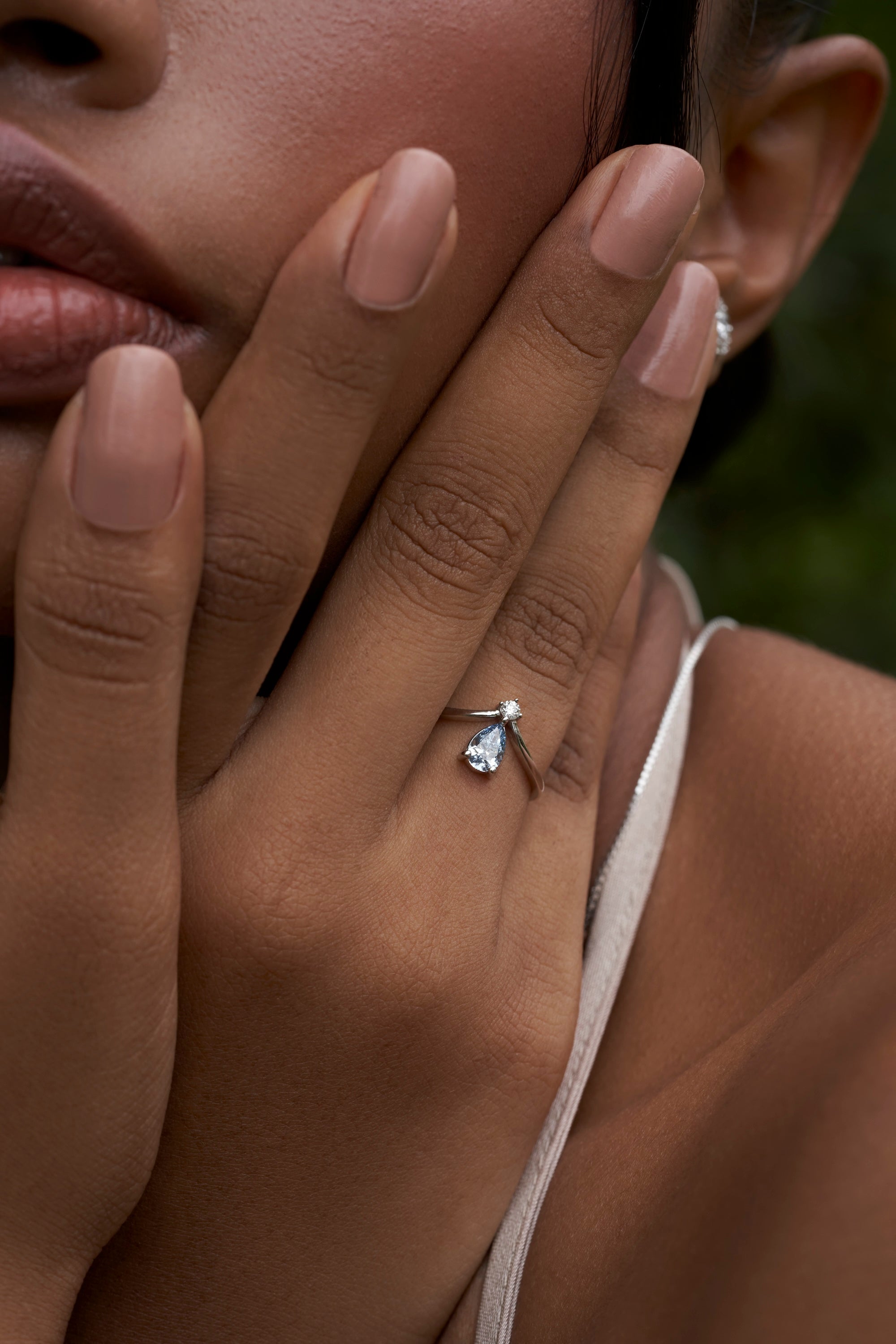 Blue Pear Cut Chevron Diamond Ring